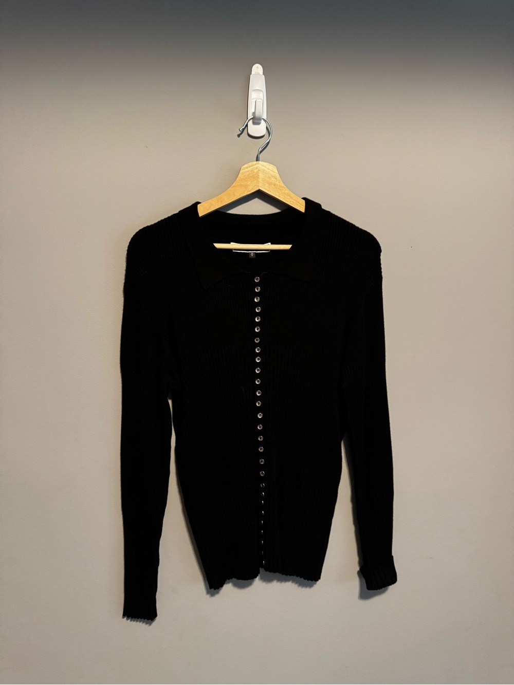 Melanie Lyne Black Ribbed Button Front Knit Top Size L